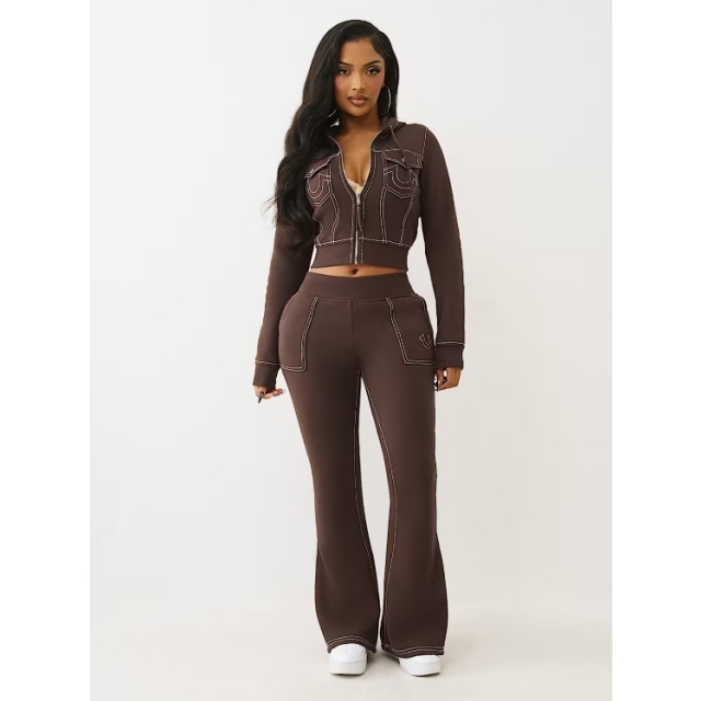 Letters Embroidey Hooded Top Flare Pant Set