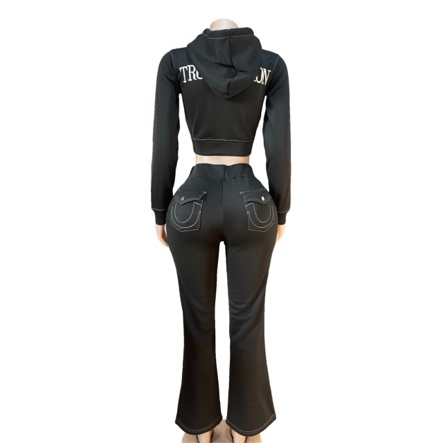 Letters Embroidey Hooded Top Flare Pant Set