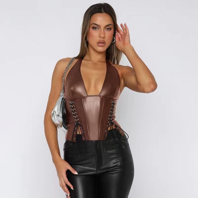 Halter Neck Laced Up Leather Top