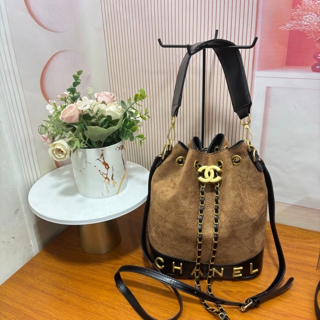 Metal Logo Suede Crossbody Bucket Bags