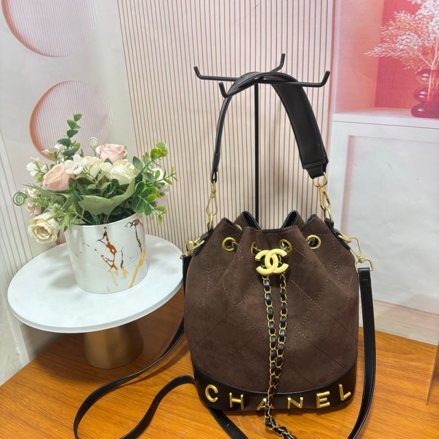 Metal Logo Suede Crossbody Bucket Bags