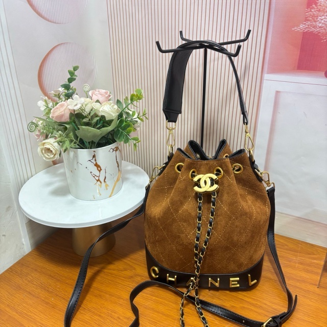 Metal Logo Suede Crossbody Bucket Bags