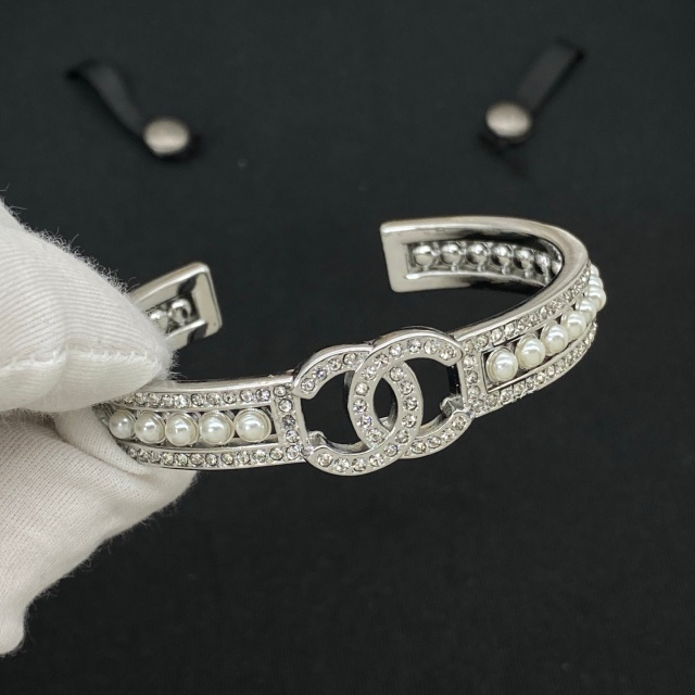 Meticulously Set Diamond Pearls Open Bangle