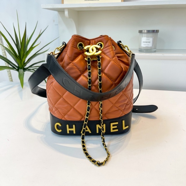 Metal Logo Leather Crossbody Bucket Bags