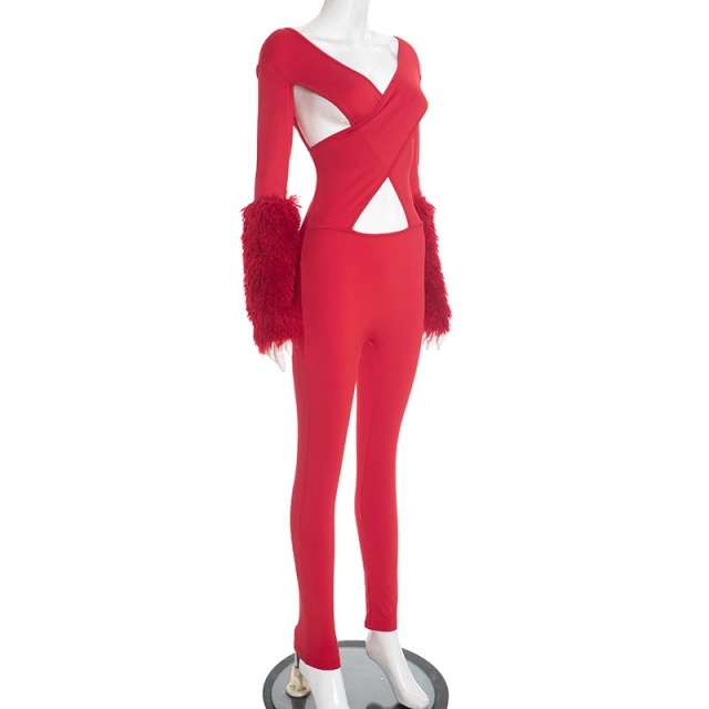 Deep V Neck Criss-cross Hollow Out Jumpsuit