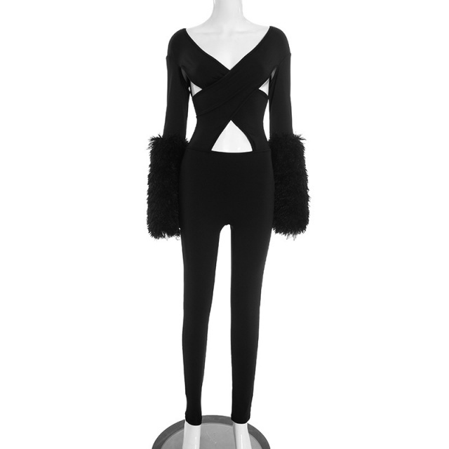 Deep V Neck Criss-cross Hollow Out Jumpsuit