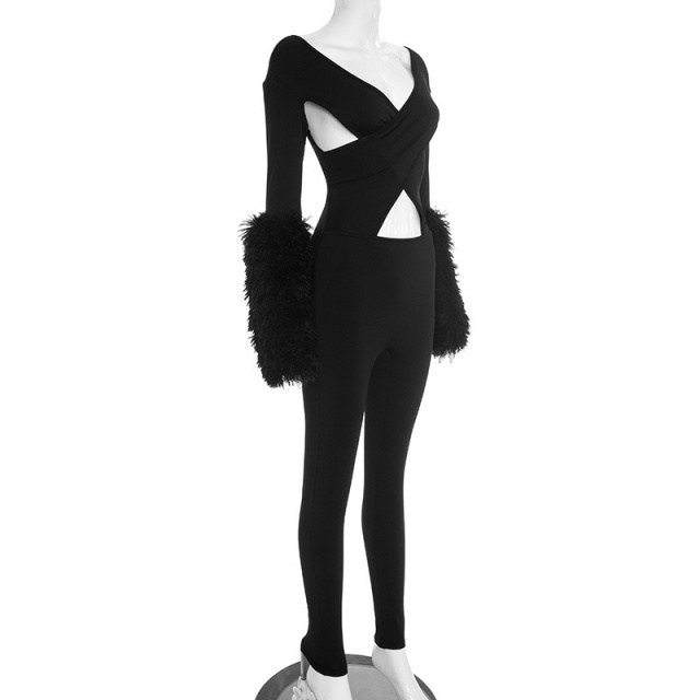 Deep V Neck Criss-cross Hollow Out Jumpsuit