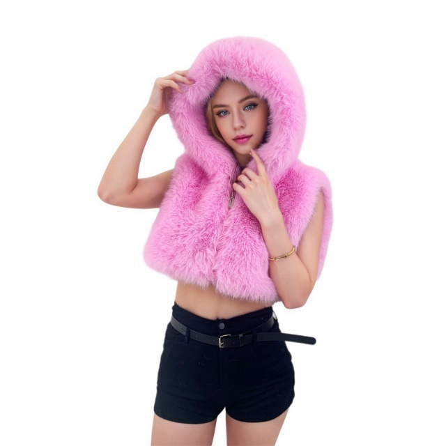 Furry Zip-up Hooded Sleeveless Short Jacket