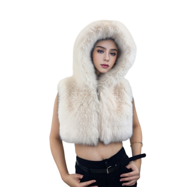 Furry Zip-up Hooded Sleeveless Short Jacket