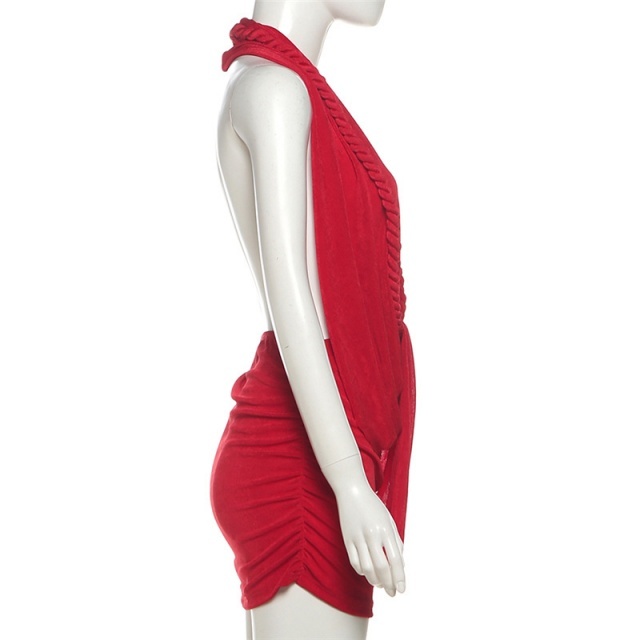 Plunging V Neck Backless Mini Dress