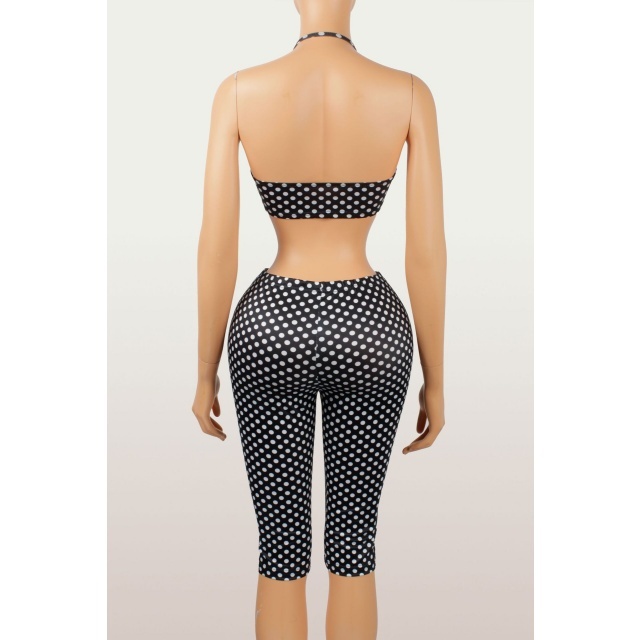 Dots Printed Halter Neck Top Skinny Cropped Pant Set