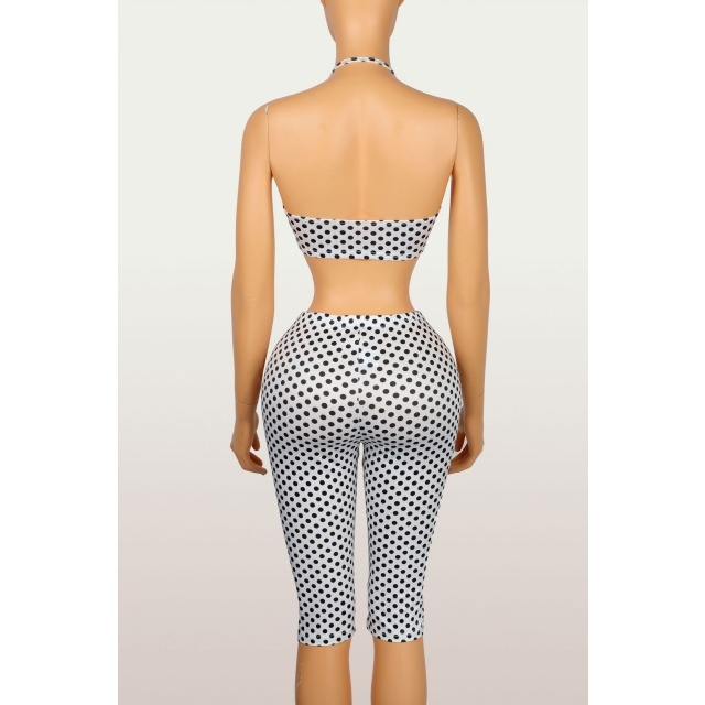 Dots Printed Halter Neck Top Skinny Cropped Pant Set