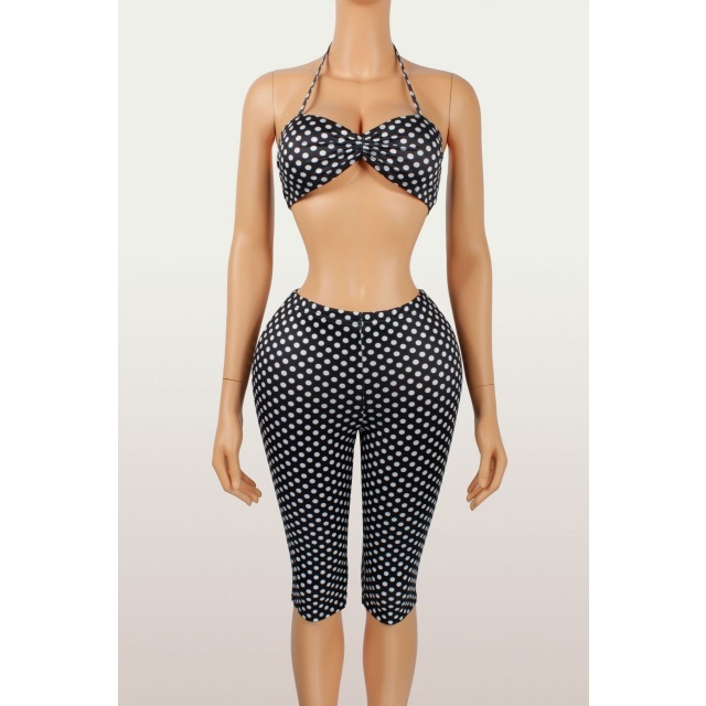 Dots Printed Halter Neck Top Skinny Cropped Pant Set