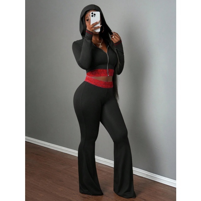 Lace Patchwork Hooded Cropped Top Flare Pant Set