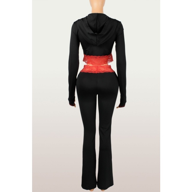 Lace Patchwork Hooded Cropped Top Flare Pant Set