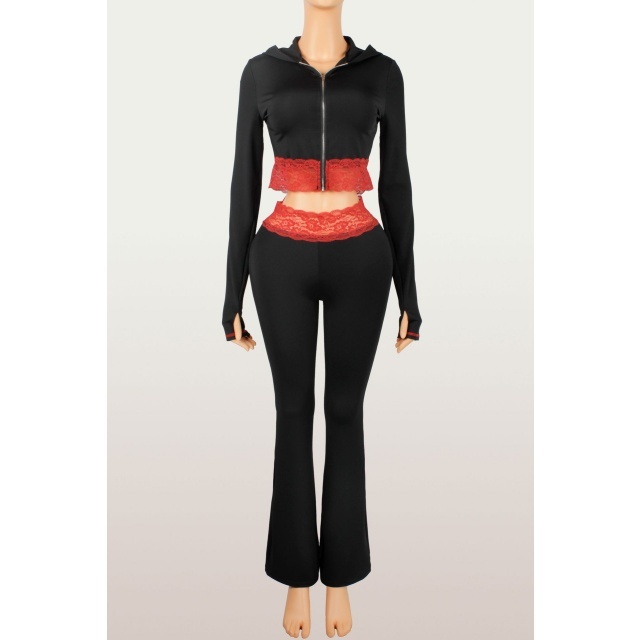Lace Patchwork Hooded Cropped Top Flare Pant Set