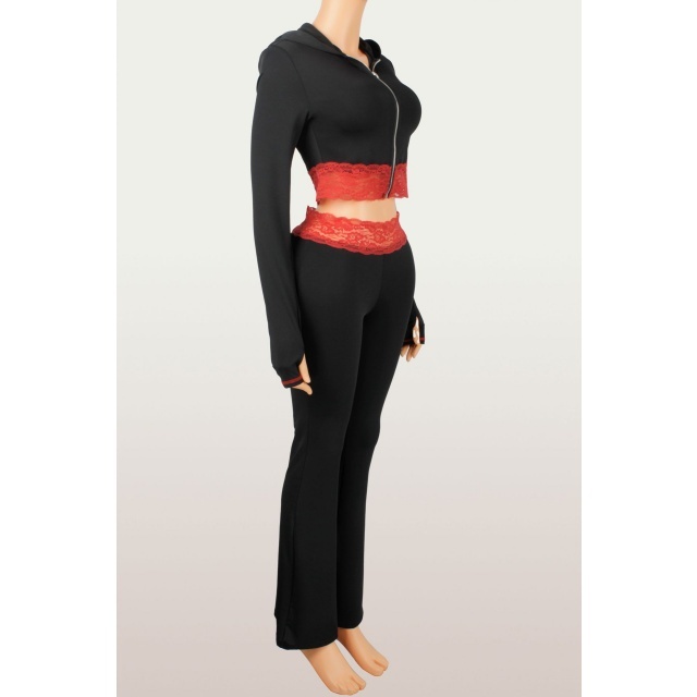 Lace Patchwork Hooded Cropped Top Flare Pant Set