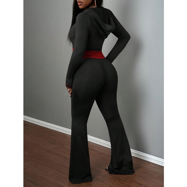 Lace Patchwork Hooded Cropped Top Flare Pant Set