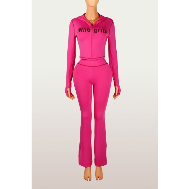 Letters Printed Hooded High Waist Pant Set