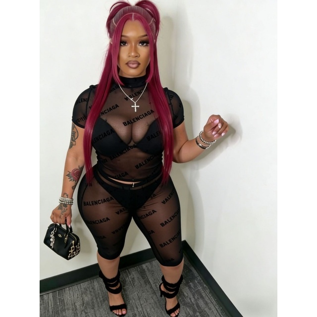Sheer Mesh Cropped Tops Two Pieces Short Set