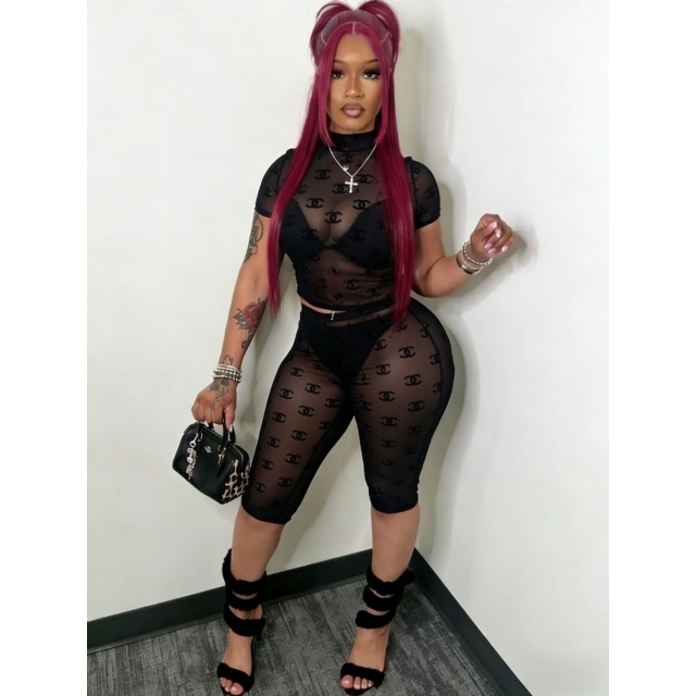 Sheer Mesh Cropped Tops Two Pieces Short Set