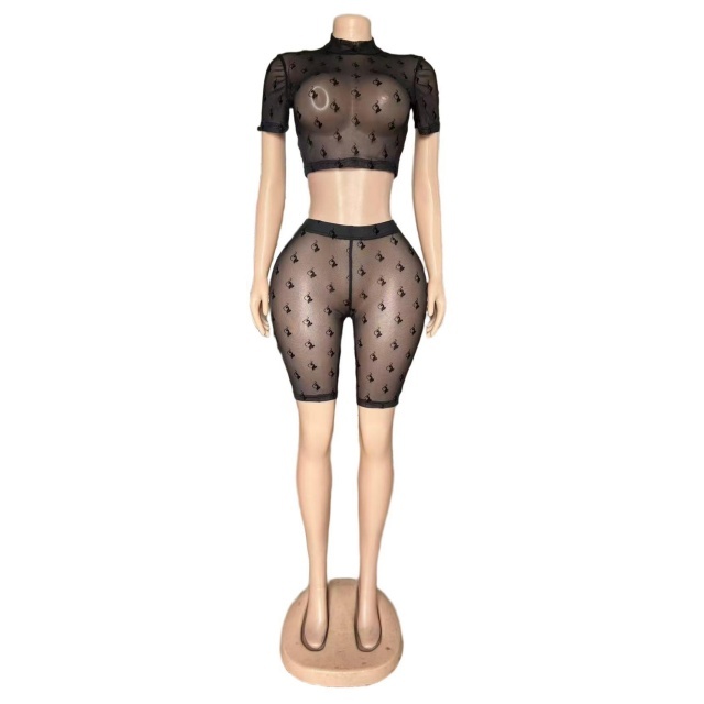 Sheer Mesh Cropped Tops Two Pieces Short Set