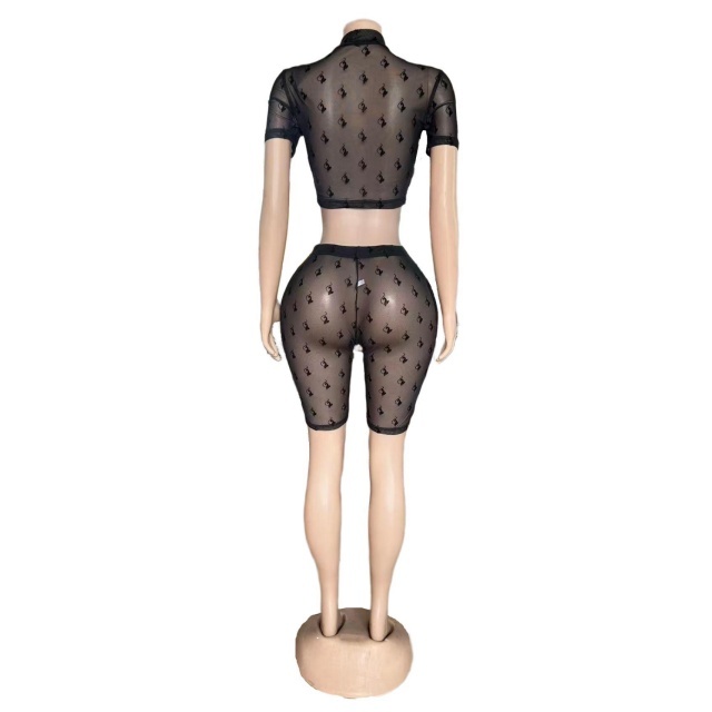 Sheer Mesh Cropped Tops Two Pieces Short Set