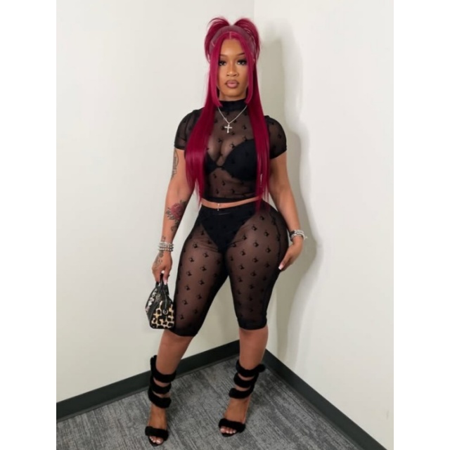 Sheer Mesh Cropped Tops Two Pieces Short Set