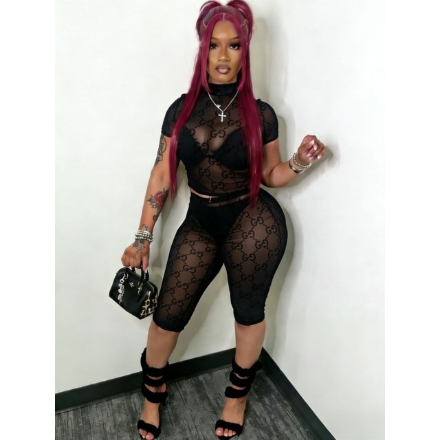 Sheer Mesh Cropped Tops Two Pieces Short Set