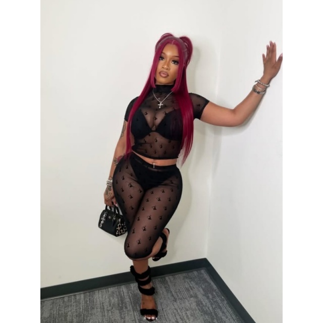 Sheer Mesh Cropped Tops Two Pieces Short Set