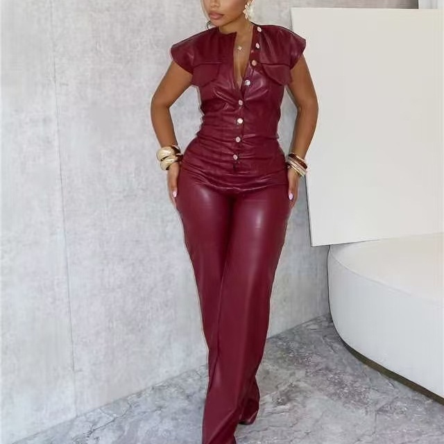 Buttons Down PU Leather Jumpsuit