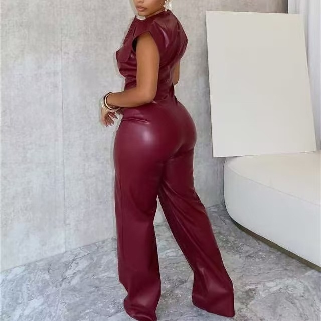 Buttons Down PU Leather Jumpsuit