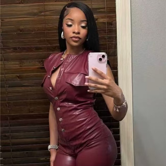 Buttons Down PU Leather Jumpsuit