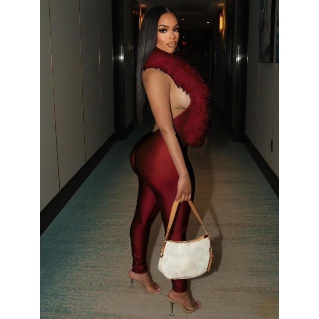 Furry Deep V Neck Backless Skinny Jumpsuit