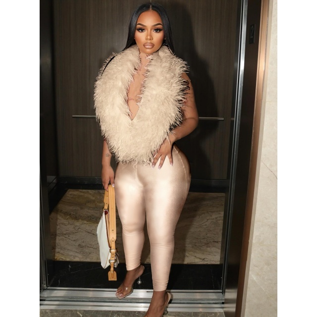 Furry Deep V Neck Backless Skinny Jumpsuit