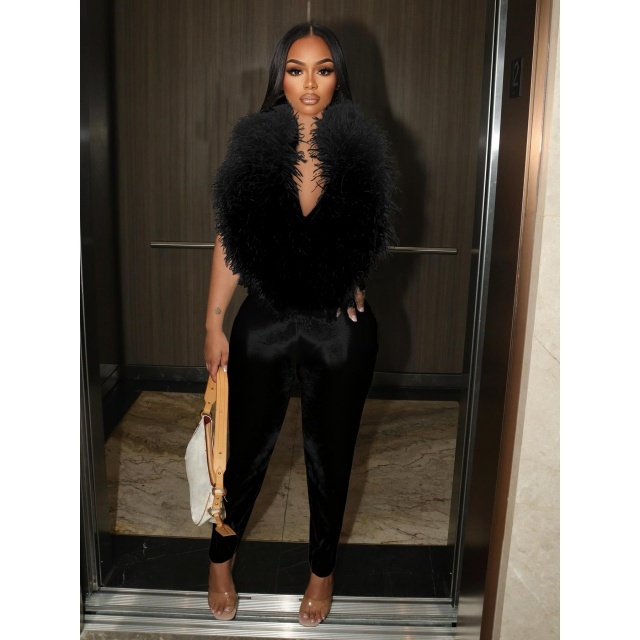 Furry Deep V Neck Backless Skinny Jumpsuit