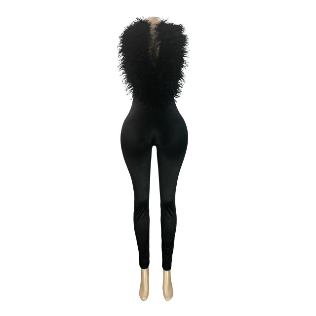 Furry Deep V Neck Backless Skinny Jumpsuit