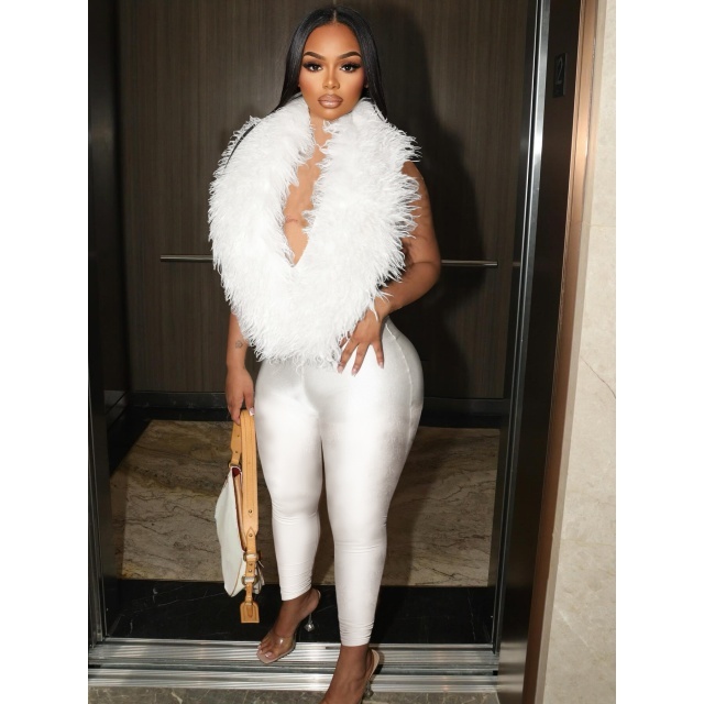 Furry Deep V Neck Backless Skinny Jumpsuit