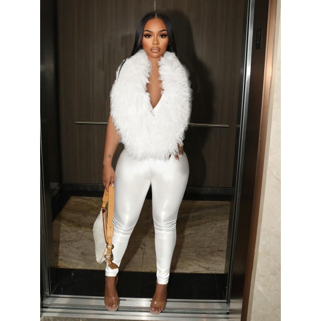 Furry Deep V Neck Backless Skinny Jumpsuit