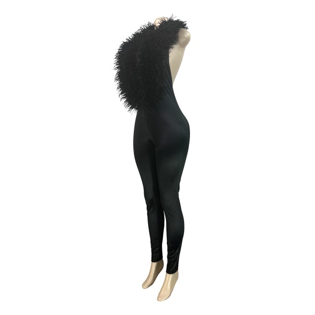 Furry Deep V Neck Backless Skinny Jumpsuit