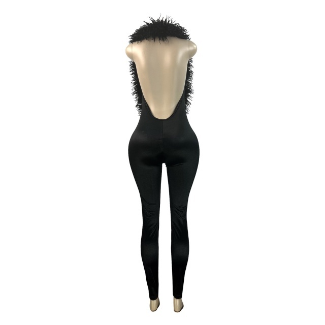 Furry Deep V Neck Backless Skinny Jumpsuit