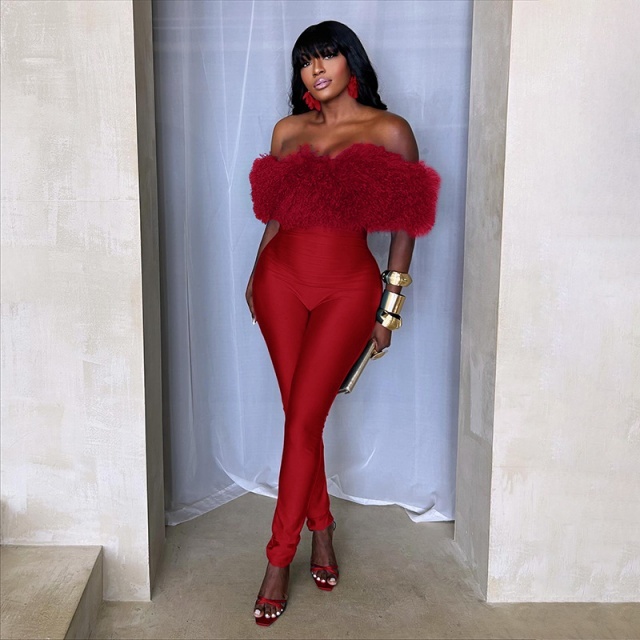 Furry Off Shoulder Tight Jumpsuit