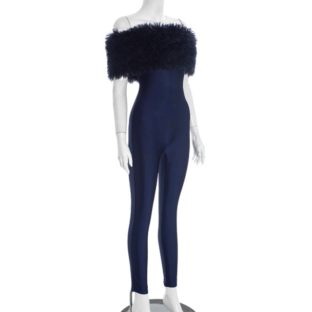 Furry Off Shoulder Tight Jumpsuit