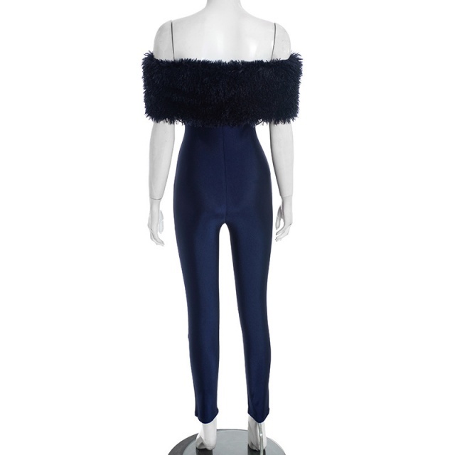 Furry Off Shoulder Tight Jumpsuit