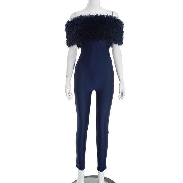 Furry Off Shoulder Tight Jumpsuit