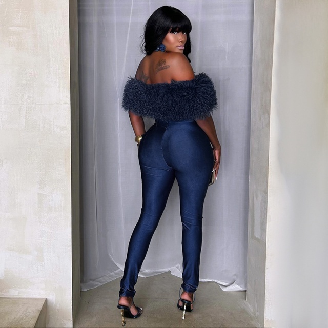 Furry Off Shoulder Tight Jumpsuit
