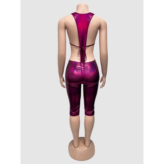 Plunging V Neck Teddies Top Knee-length Pant Set
