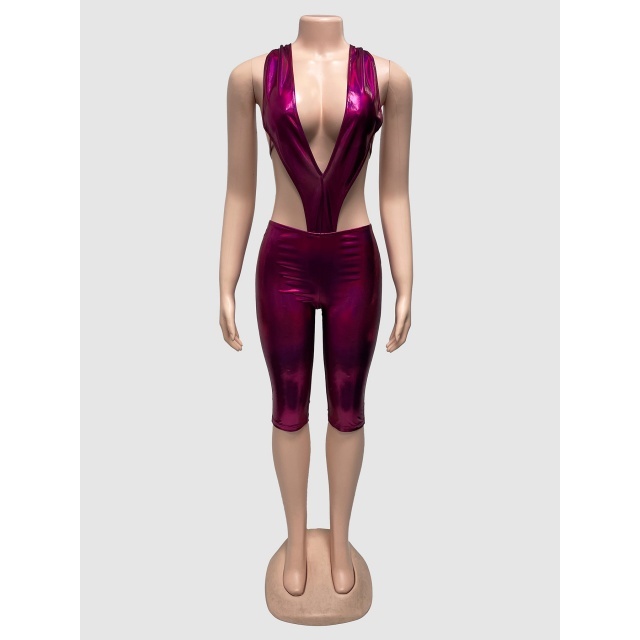 Plunging V Neck Teddies Top Knee-length Pant Set
