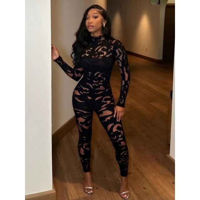 Sheer Mesh Hollow Out Skinny Jumpsuit