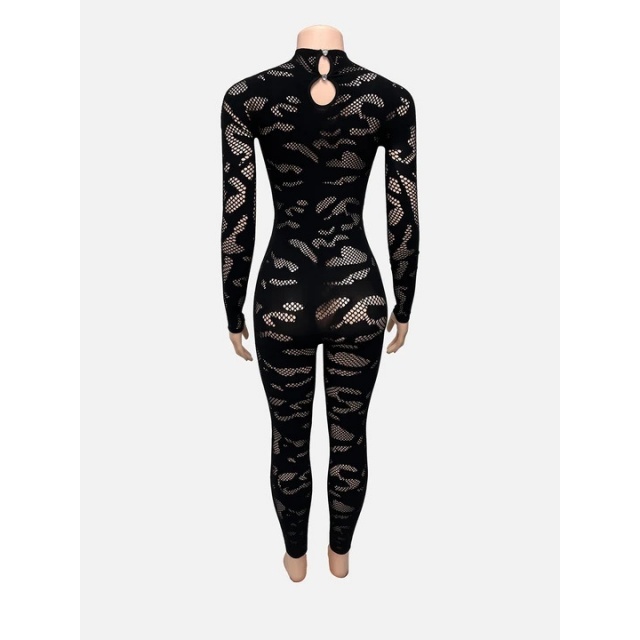 Sheer Mesh Hollow Out Skinny Jumpsuit